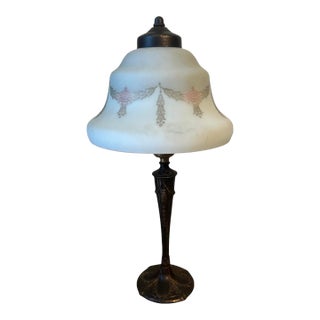 1920s Table Lamp With Patterned Milk Glass Shade For Sale