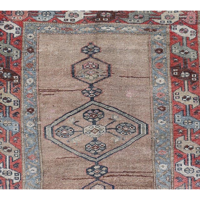 Antique Sarab Runner With Sub-Geometric Medallion Design in Red, Blue & Brown For Sale - Image 10 of 12