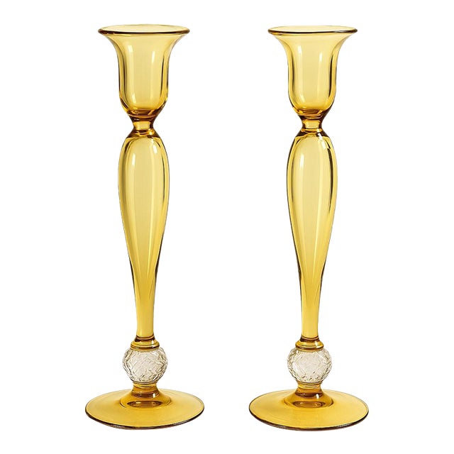 1920s Pairpoint Honey Amber Candlesticks, Uv Reactive, 12-Inch Pair For Sale