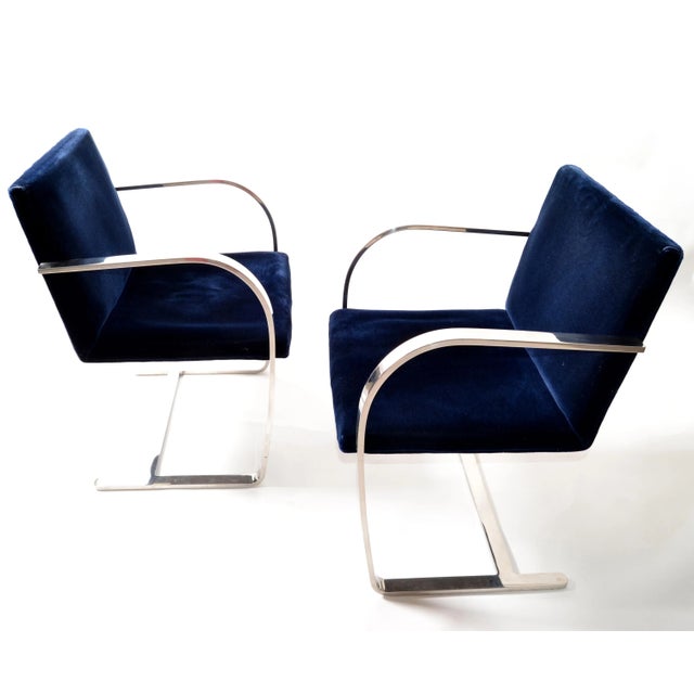 Knoll Mies Van Der Rohe for Knoll Stainless Steel Brno Chairs Blue Velvet 1977, Pair For Sale - Image 4 of 13