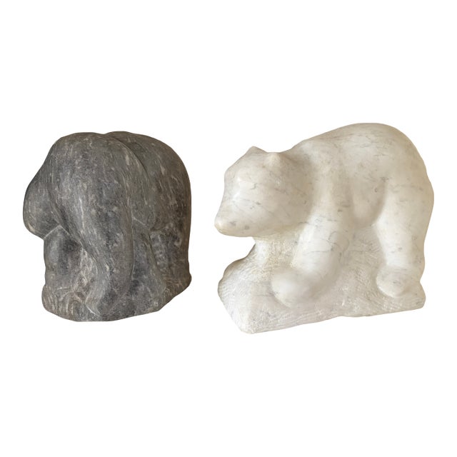 Pair of Signed Eugene Gauss Marble Animal Sculptures, Polar Bear (1973) & Elephant (1975) For Sale