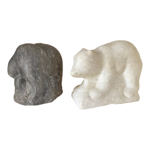 Pair of Signed Eugene Gauss Marble Animal Sculptures, Polar Bear (1973) & Elephant (1975)