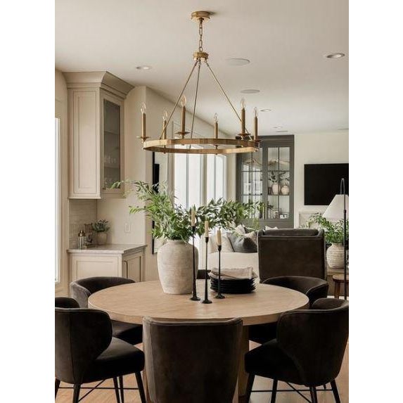 Designer Chapman & Myers Launceton Ring Chandelier in Antiqued Burnished Brass Finish. Specifications: Height: 28.25"...