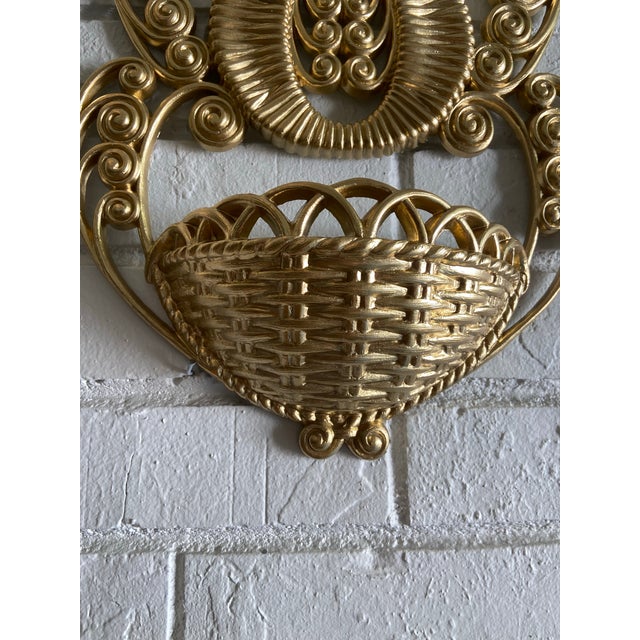 Vintage Hollywood Regency Homco Gilded Faux Wicker & Rattan Wall Pocket Planter Baskets, Wall Hanging Flower Installation For Sale - Image 12 of 12