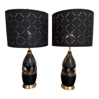 1950’s Atomic Black & Gold Ceramic Lamps, a Pair For Sale