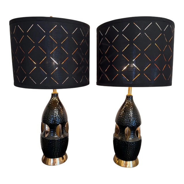 1950’s Atomic Black & Gold Ceramic Lamps, a Pair For Sale