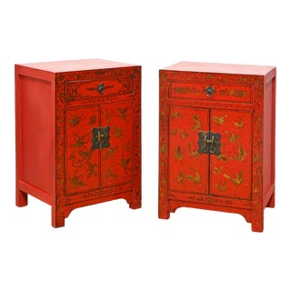 Pair of Vintage Chinese Red Lacquered Gilt Butterfly Decorated Night Stands or End Tables For Sale