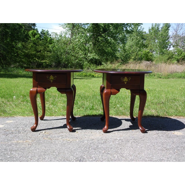 Pair Broyhill Queen Anne Style Solid Cherry Oval End Tables Nightstands