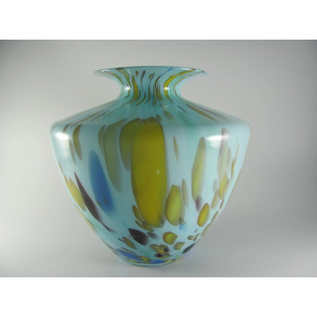 Large Mouth Blown Cased Art Glass Florence Tuscany Italy Turquoise Baby Blue Citrine Copper Vase For Sale - Image 4 of 9