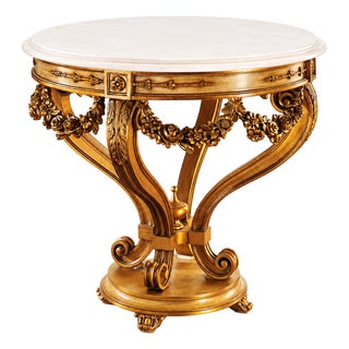 Italian 24k Gold Leaf Carved Center Table With White Marble Top For Sale