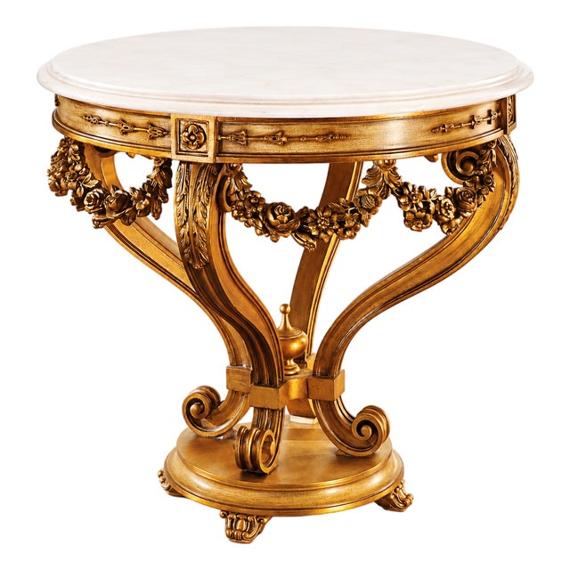 Italian 24k Gold Leaf Carved Center Table With White Marble Top For Sale