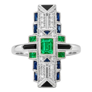 1920s 18K White Gold Emerald Sapphire Diamond Mosaic Ring Art Deco Handmade Estate, Size 6.75 For Sale