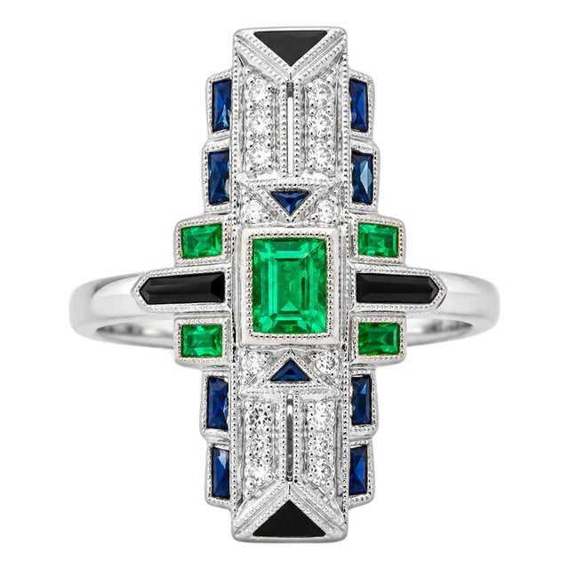 1920s 18K White Gold Emerald Sapphire Diamond Mosaic Ring Art Deco Handmade Estate, Size 6.75 For Sale