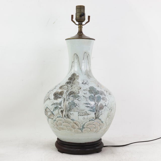 Antique Chinese Porcelain Landscape Vase Lamp Hand Painted Mountain and Pavilion Motif For Sale - Image 14 of 14