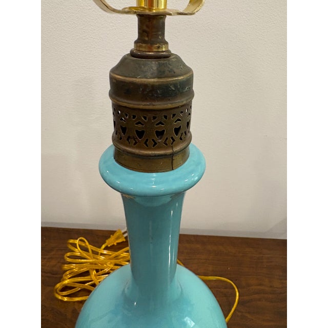 Nice turquoise ceramic lamp. Single gourd, elongated in the style of the 1960s harem craze. Looks like murano or reverse...