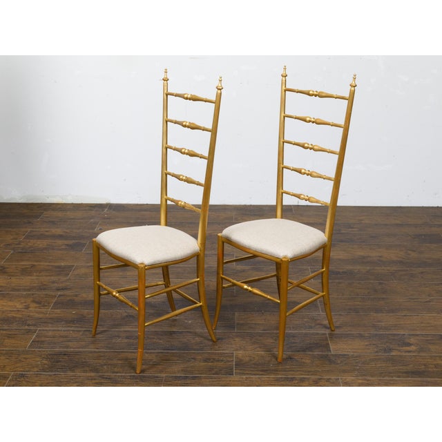 Mid 20th Century Pair of Midcentury Italian Gilt Wood High Back Side Chairs with Upholstery For Sale - Image 5 of 12