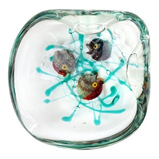 Murano Seguso Dalla Venezia Vintage Italian Art Glass 3 Fish Silver Flecks Green Algae Ashtray Trinket Bowl For Sale