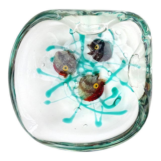 Murano Seguso Dalla Venezia Vintage Italian Art Glass 3 Fish Silver Flecks Green Algae Ashtray Trinket Bowl For Sale