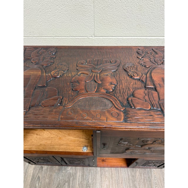 Mexican Vintage Hand Carved Solid Wood Mexican Colonial Server Credenza For Sale - Image 3 of 18