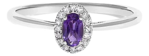 10K White Gold 5X3MM Oval Purple Amethyst and Diamond Accent Halo Ring (I-J Color, I1-I2 Clarity) - Ring Size 8