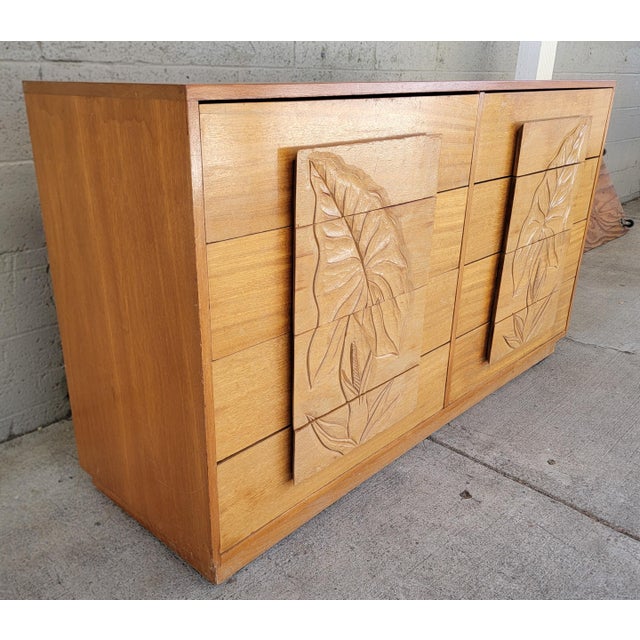 Mid-Century Modern Mid-Century Modern Hawaiian Style Dresser With Relief Carved Tropical Foliage 1950's For Sale - Image 3 of 18