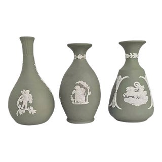 Vintage Wedgwood Jasperware Sage Green Collection of 3 Bud Vases For Sale