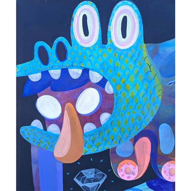 Early 21st Century Cecilia Beaven Contemporary Abstract Green, Purple, and Blue Biomorphic Lizard Figure Painting, 21st Century For Sale - Image 5 of 11
