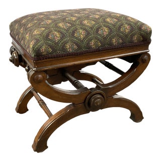 1871 Antique X-Based Adjustable Piano Toboret Bench, Newly Upholstered. For Sale