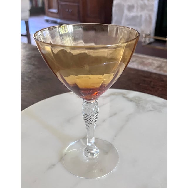 Glass 1930s Mid-Century Cambridge Glass Amber & Clear Stem Champagne Coupes - Set of 7 For Sale - Image 7 of 18
