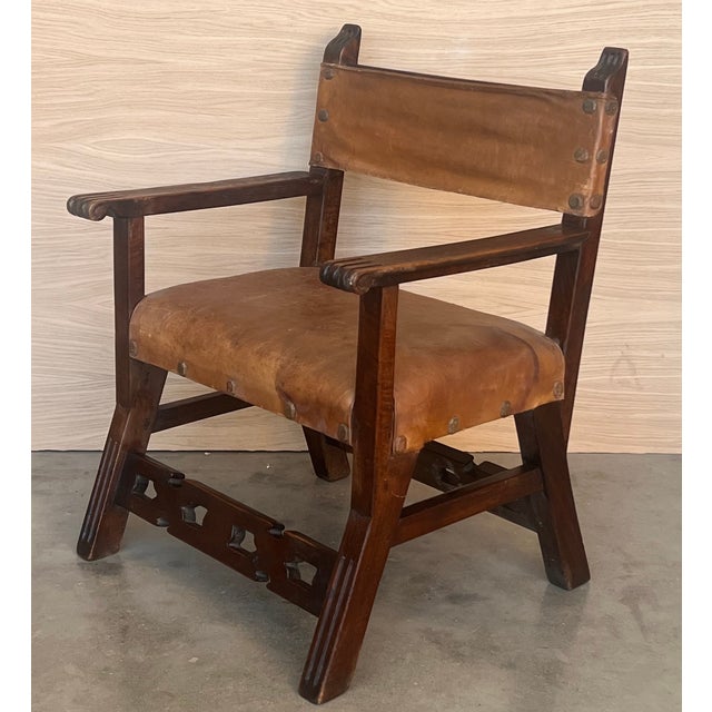 19th Century Spanish Pair of Colonial Carved Armchairs With Leather Seat & Back For Sale - Image 4 of 12