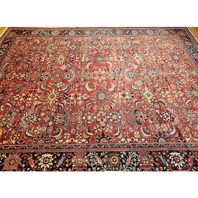 Vintage Oversized Persian Mahal Sultanabad Rug, Hand-Knotted Wool, Geometric Pattern, 12x15, Red & Navy For Sale - Image 9 of 18