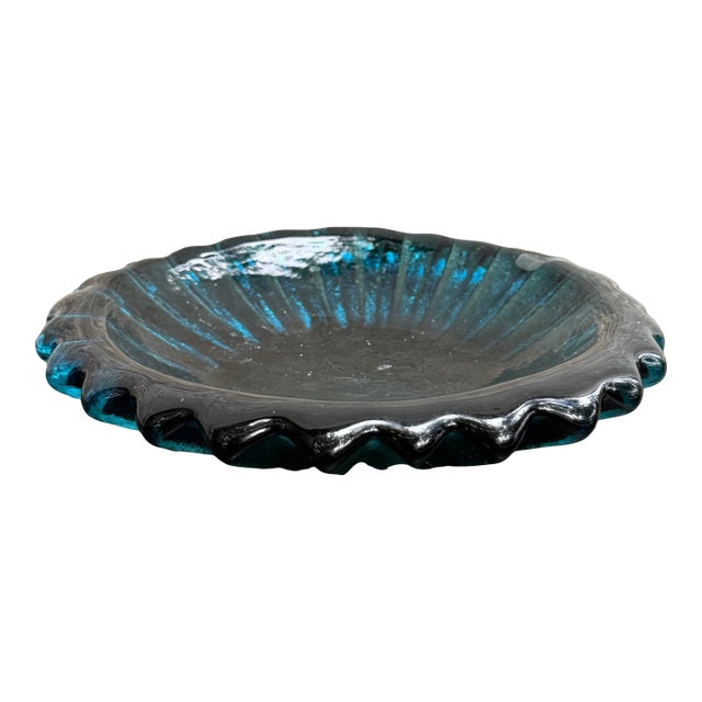 Blenko Wayne Husted Ribbed Glass Ashtray 6112 S Persian Turquoise Blue 10 1/2" For Sale
