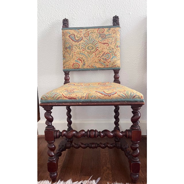 English Late 19th Century Pair (2) Carved Oak Lion Heads Twisted Legs Modern Upholstery English Jacobean Revival Side Chairs For Sale - Image 3 of 12