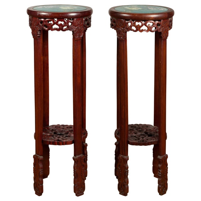 Antique Chinese Carved Round Stands with Painted Floral and Bird Décor - A Pair For Sale - Image 13 of 13