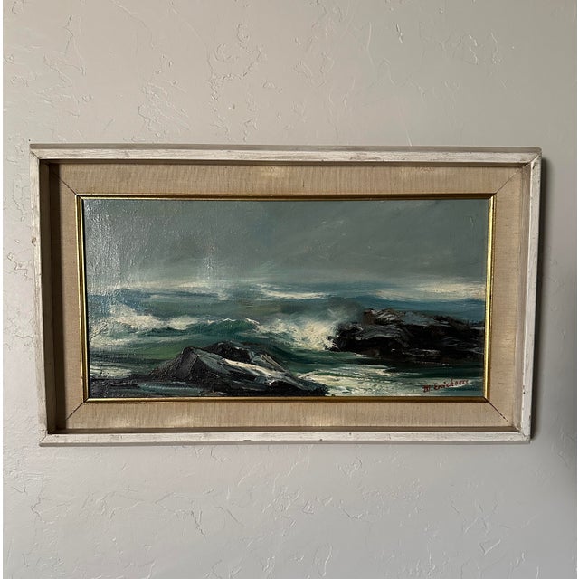 This well-executed original oil painting on linen captures the feel and energy of turbulent ocean waves pounding on a...