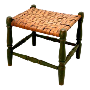 Outstanding Antique American Hand Made Maple Wood & Basket Woven Ash Splint Footstool in Original Green Paint