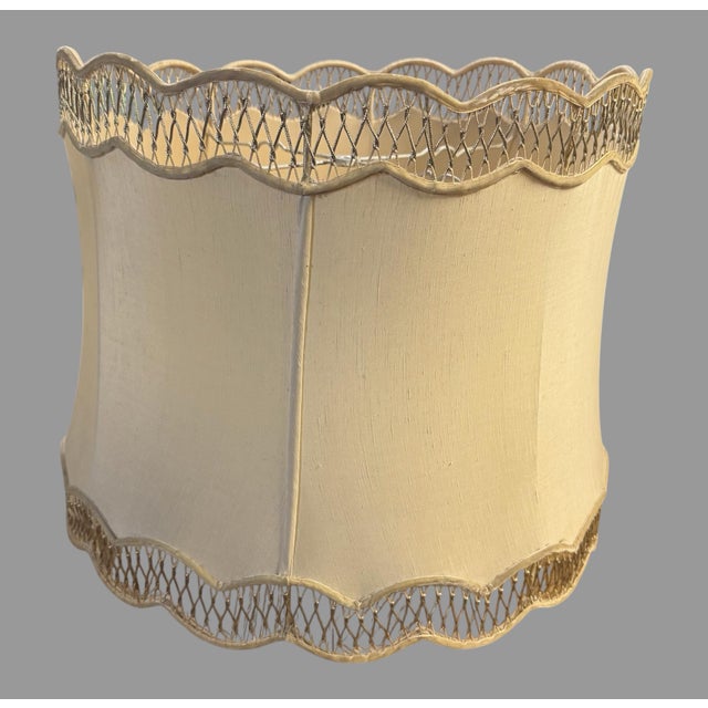 Hollywood Regency Vintage 20” Scalloped Silk Lamp Shade Lattice Openwork Trim Large 16” Tall For Sale - Image 3 of 5