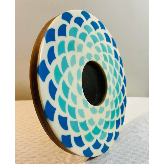 Vintage small round, art deco style, tabletop picture frame attributed to Jonathon Adler. Decorated with a blue and white...