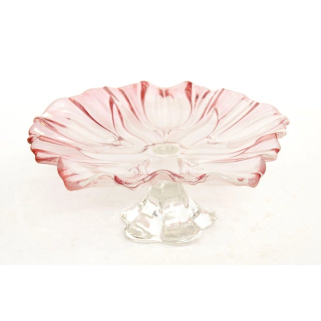 Quality Vintage Pedestal Compote Dish with Petal Floral Pink Ruffled Edge