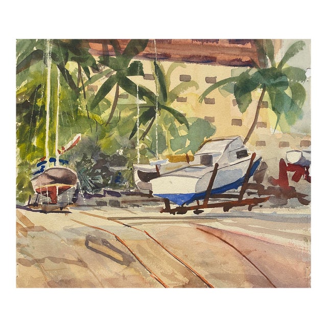 1970s Tropical Boats Watercolor by Earle For Sale