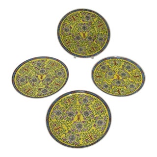 Vintage Chinese Famille Rose Yellow Ground Mun Shou Longevity Porcelain Plates Set of 4 China c.1950-1980 For Sale