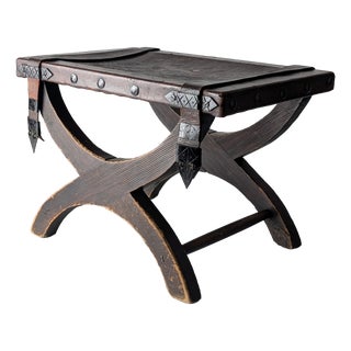 Colonial Curul Stool in Leather and Wrought Iron, Mexico, 1940s For Sale