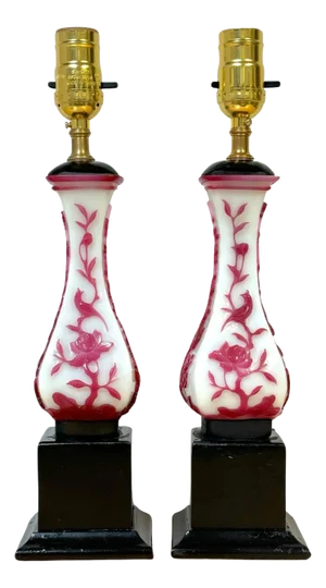 Chinese Red & White Peking Glass Vases, Now as Lamps - a Pair