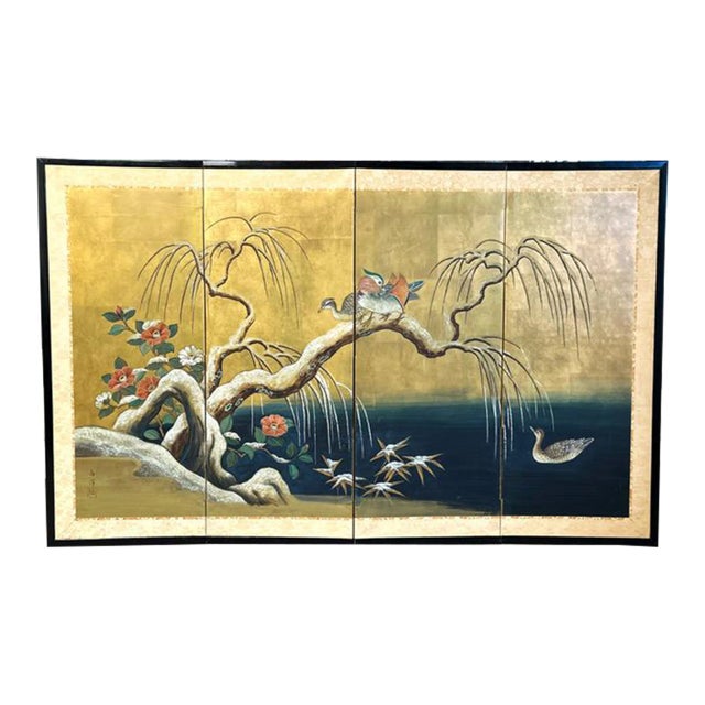 Vintage Japanese Four Panel Byobu Screen: Mandarin Ducks by Snowy Pond in Early Spring For Sale