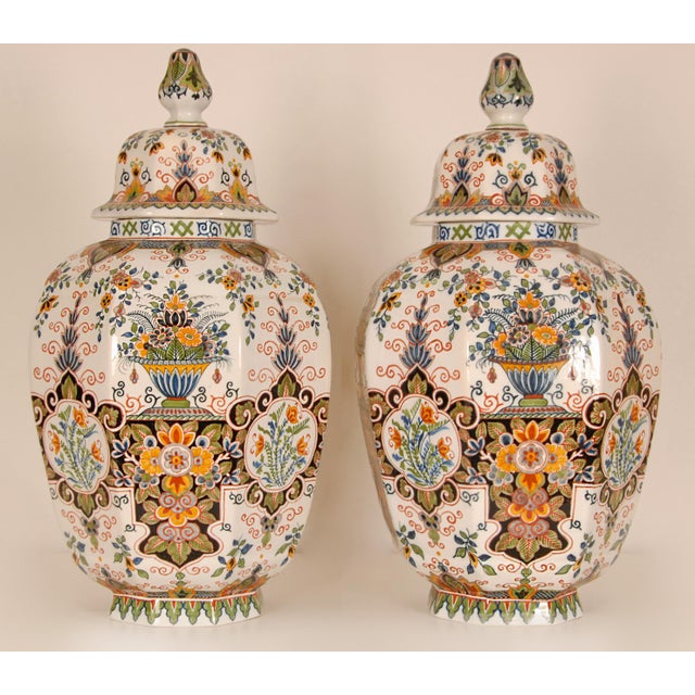 Tall Polychrome Delft Lidded Vases, 1940s, Set of 2 For Sale - Image 11 of 11