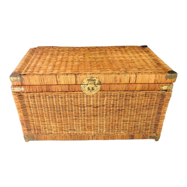 Asian Chinoiserie Trunk With Brass Hardware For Sale