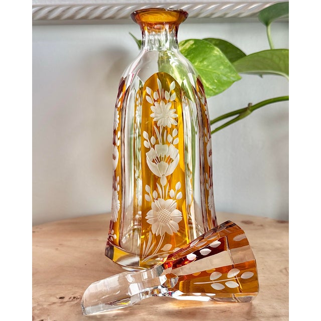 Vintage Art Deco Amber Cut Floral Etched Crystal Decanter Set With 6 Glasses - 7 pcs For Sale - Image 6 of 12