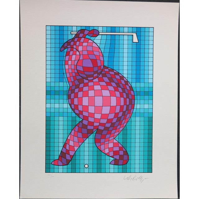 Turquoise 1989 Vintage Victor Vasarely the Golfer LTD Serigraph, Hand Signed Art in Turquois For Sale - Image 8 of 8
