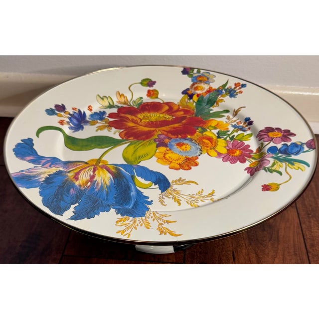 Mackenzie Childs Large 16” MacKenzie-Childs Flower Market Pedestal Cake Stand W/ Courtly Check Base For Sale - Image 4 of 10
