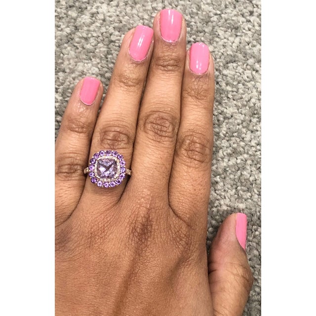 Metal 3.56 Carat Cushion Cut Amethyst Diamond Rose Gold Cocktail Ring, Size 7 For Sale - Image 7 of 7